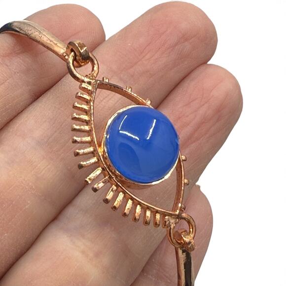 Natural Blue Chalcedony Eye Hook Bangle Bracelet Handmade Solid Copper Artisan - Picture 4 of 8